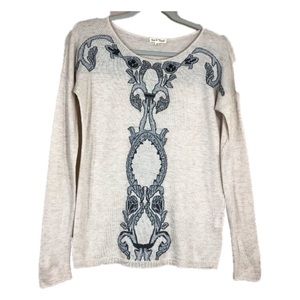 Hem & Thread Cream Sweater with Blue Embroidery